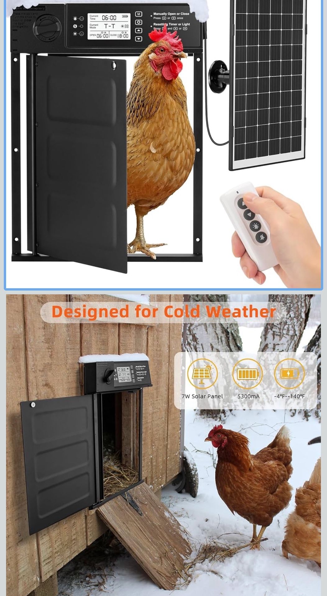 Automatic Chicken Coop Door Solar Powered, Cold Weather Electric Chicken Door Large Size Aluminum Door with Light Sensor & Timer with Power Off Emerge