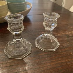 Glass candle stick holder pair