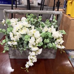 Faux White Flower Arrangement in Wooden Tote Basket