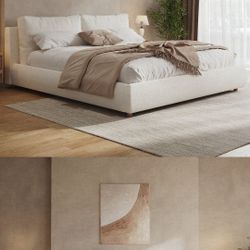 Boucle Fabric Upholstered Platform Bed with Two Removable Pillow Headboard