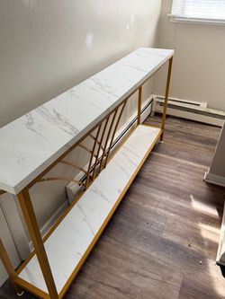 Gold Metal Console Table with Marble-Look Shelves