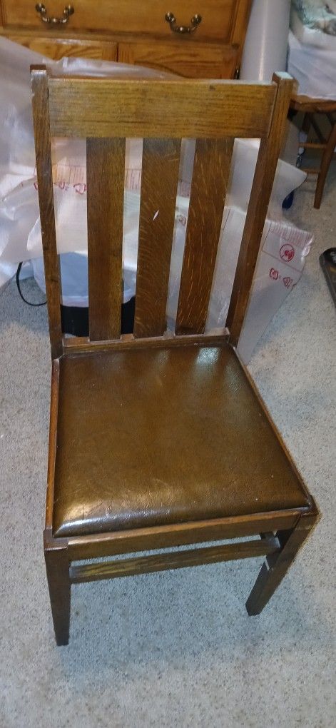 Antique Wood Desk Chair with Leather Seat – Mission Style