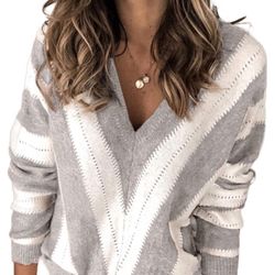 Asvivid Gray Block Striped V Neck Sweater Long Sleeve Knit Pullover, 2XL NEW