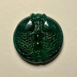 Jenuine Rare Green Color Jade Hand Carved Pendant Double Sided Koi Fish