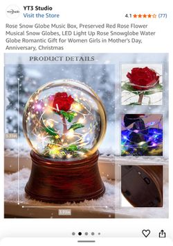 Rose Snow Globe Music Box, Preserved Red Rose Flower Musical Snow Globes, LED Light