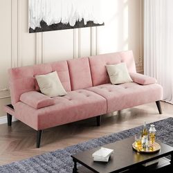 64" Futon Sofa Bed, Velvet Foldable Couch, Reclining Sleeper with Removable Armrests, Upholstered Loveseat Sofa Couch with Folding Cup Holders for Hom