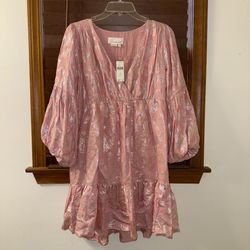 NWT $168 Anthropologie Pink Jolene Jacquard Mini Puffed Sleeve V-Neck Dress SP
