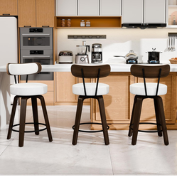 26'' Swivel Bar Stools Set of 3, Upholstered Faux Leather. White