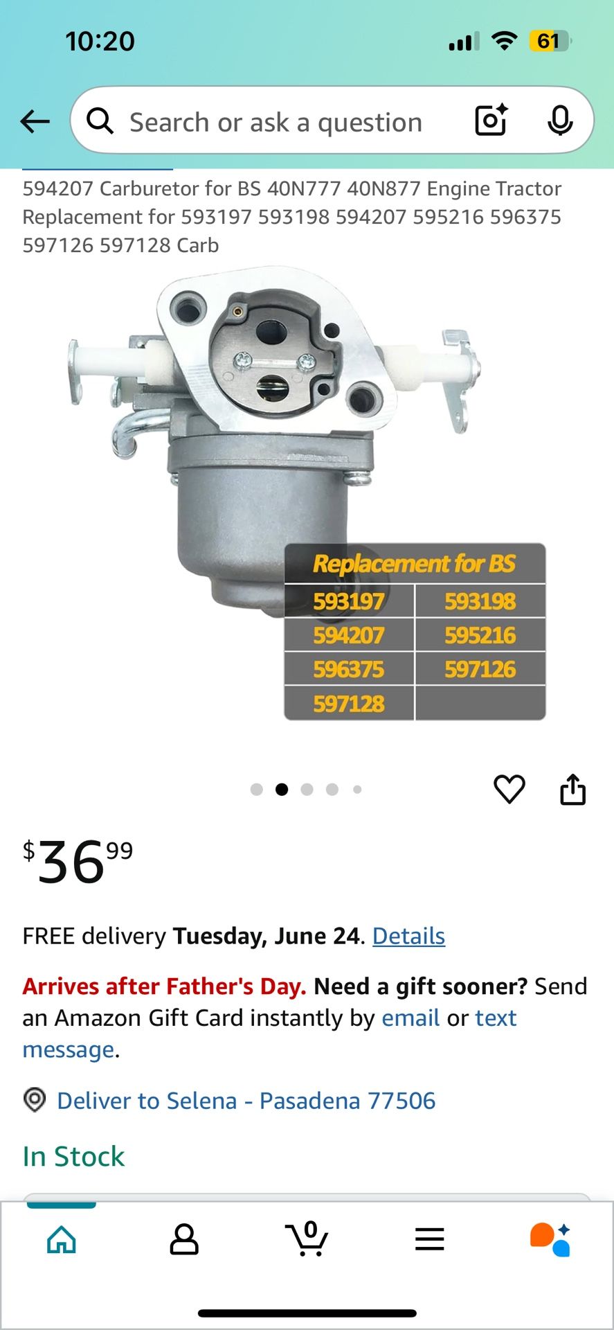 594207 Carburetor for BS 40N777 40N877 Engine Tractor Carb