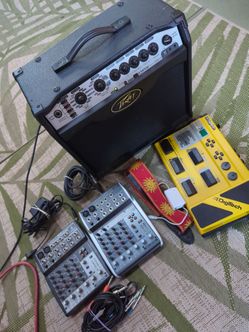 Peavey Guitar amp, pedals Kenyx 802 mixing boards etc