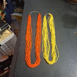 Pair Of Pote Multi-Strand Necklaces, Traditional Jewelry From Nepal - Both Decorative & Cultural, Orange & Yellow 32" & 30"