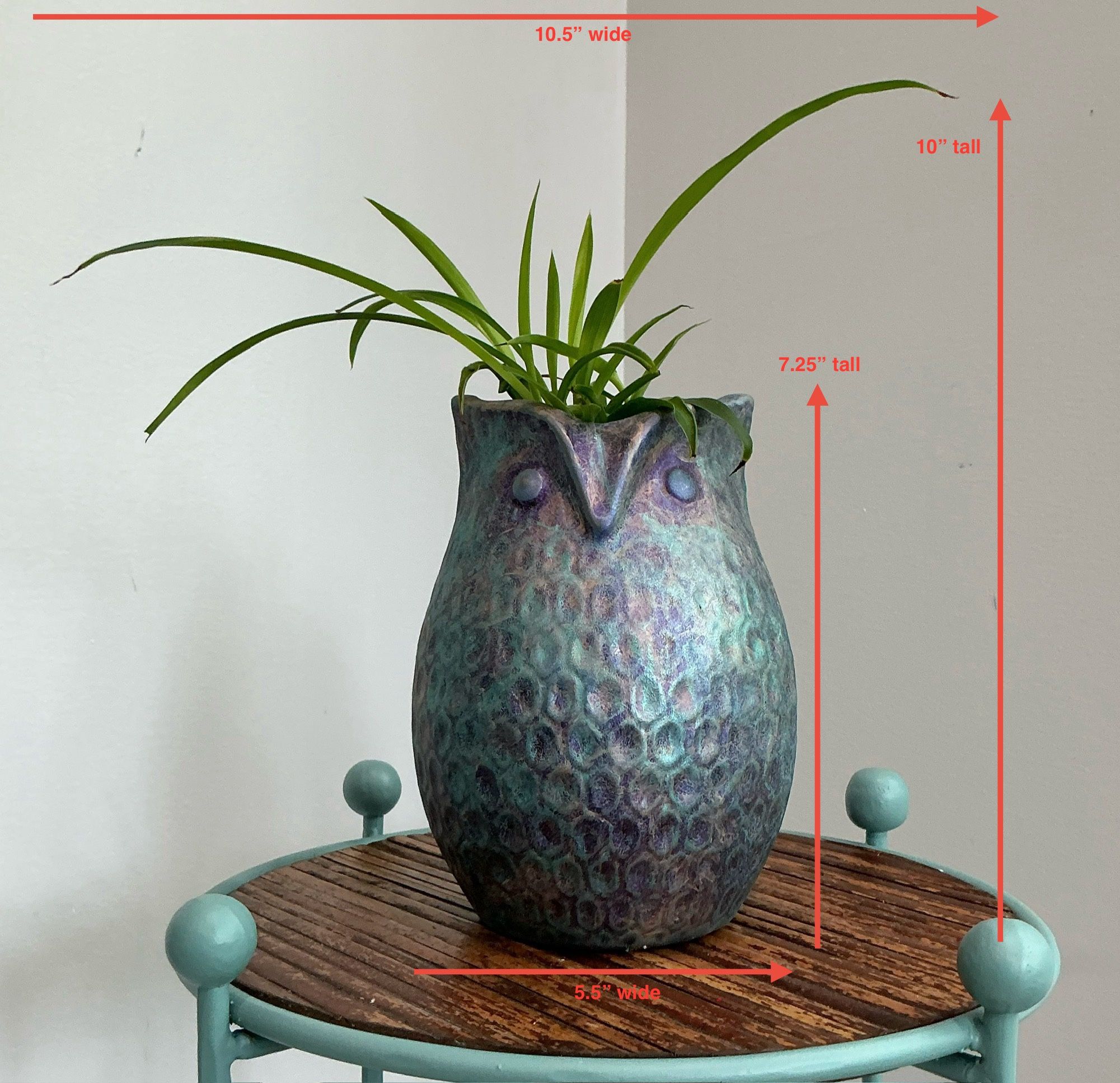 Hand Painted Iridescent Aqua, Turquoise & Purple Owl Planter with Live Spider Plant