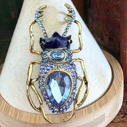 Blue Rhinestone Beetle Brooch Gold Tone Statement Insect Pin
