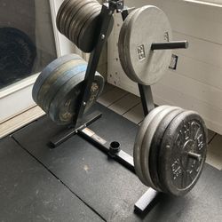 450 Lb Standard 1” Weight Plates Set CAP And MARCY BUMPERS And Dan Lurie Barbell - 50/25/10