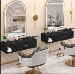 Set of 2 Wall Mount Salon Station, Black Barber Station Organizer with Drawer and Shelves, Hair Salon Station with 3 Dryer Holders, Salon Station Wall