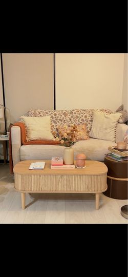 Living Room Set: Loveseat + Oval Wood Coffee Table with Fluted Front + Brown Ottoman