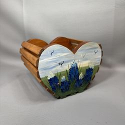 Vintage hand painted blue bonnets napkin holder basket heart-shaped Farmhouse  —could use a good cleaning 