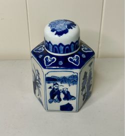 Vintage Blue and White Hexagonal Porcelain Tea Caddy Ginger Jar