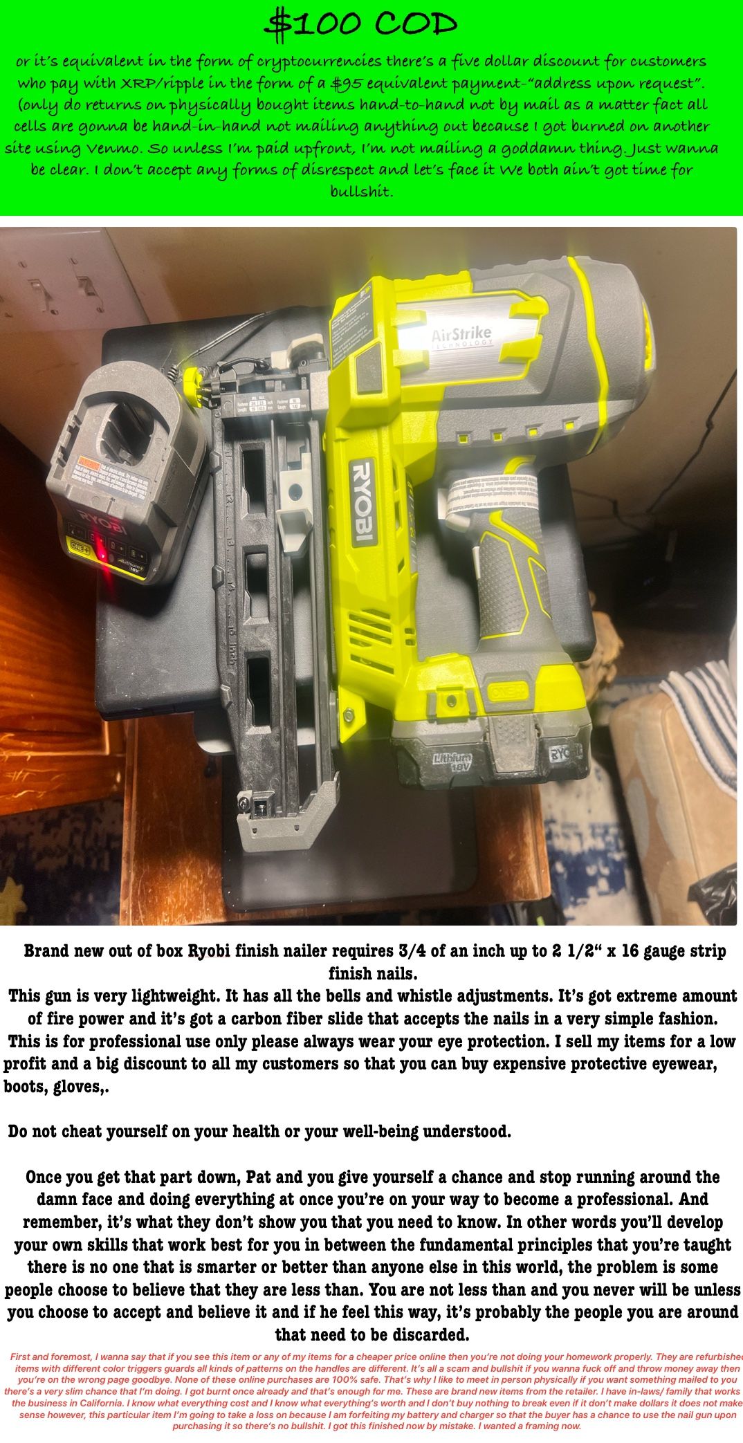 Ryobi Finishing Nailer 18v 16gauge