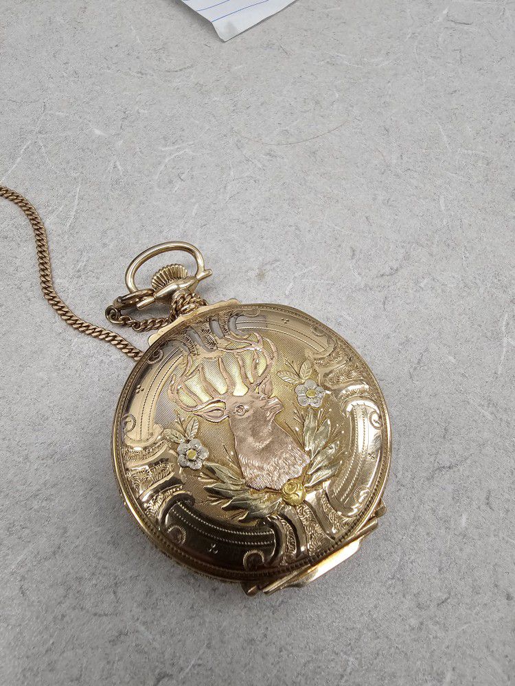 Solid Gold Pocket Watch And Chain 14k
