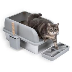 Cat Litter Box 6 in. Deep XL Extra-Large Stainless-Steel Cat Litter Box with Scoop Wide Filtering Foot Board, grey