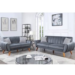 Brand New In Box Firm Price $580 Dark Grey Velvet Sofa Loveseat Set Mid-century Style Velvet Vertical Tuft Angled Wood Legs
