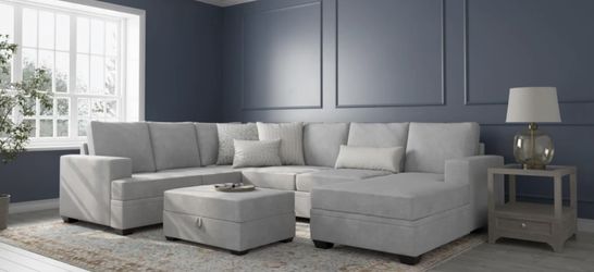 Bonaterra Dove Grey Fabric 127" 2 Piece U-Shaped Sectional with Right Arm Facing Sofa Chaise | Track Arms