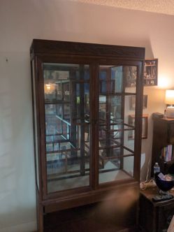 Dark Wood Glass Display Cabinet with Carved Detail