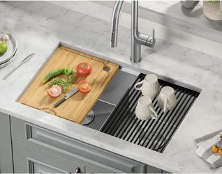 KRAUS
Kore 30 in. Undermount Double Bowl 16 Gauge Stainless Steel Kitchen Workstation Sink with Accessories