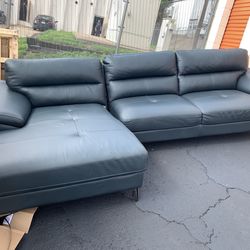 ABBYSON TOP GRAIN LEATHER SECTIONAL BLUE