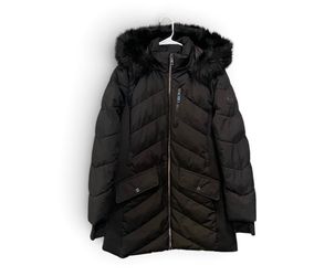 MK Black Puffer Parka with Faux Fur Hood L