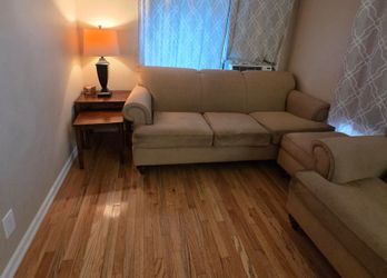 Beige Fabric 3-Seat Sofa with Rolled Arms