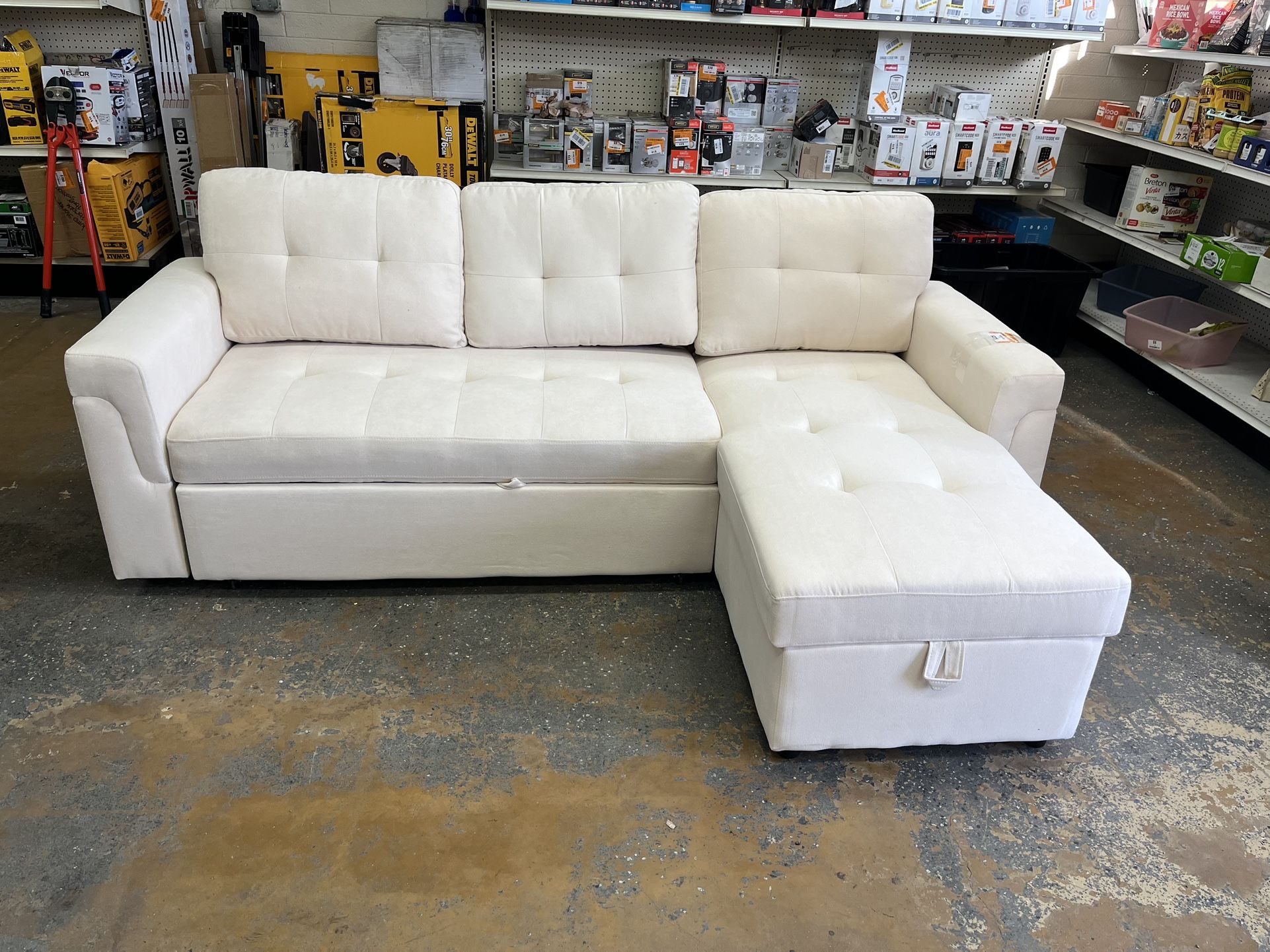 84.64 in. Velvet L-Shaped Sleeper Sectional Sofa with Square Arms in. Cream, Reversible Chaise, and Pull-out Sofa Bed