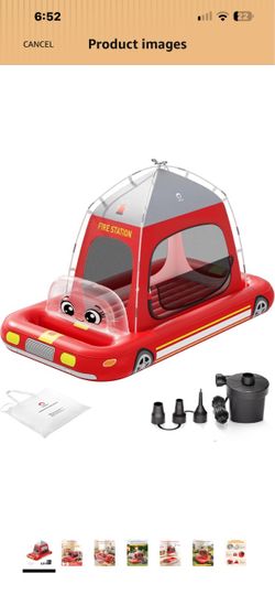 QPAU Inflatable Air Mattress with Tent & Electric Pump, Ages 3+, Red Fire Truck Design, Includes a Tent and Electric Pump for Quick Setup, with a Port