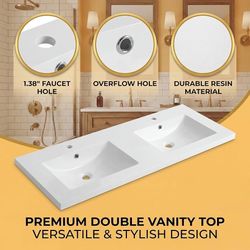 60" Double Sink Bathroom Vanity Top, White SMC Vanity Top Two integrated rectangular basins with pre-drilled faucet holes provide ample space for shar