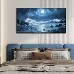 CHATYOUNG Navy Blue Beach Wall Art, Wild Ocean Waves Landscape Framed Paintings Large Coastal Room Decor 24x48 In for Living Room Bedroom Office Kitch