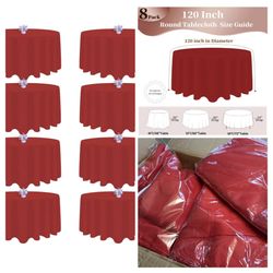 8 Pack Red Round Tablecloth 120 Inch Round Table Cloth, Wrinkle Resistant and Washable Tablecloth Polyester Fabric Table Cloth Round Table Cover for D