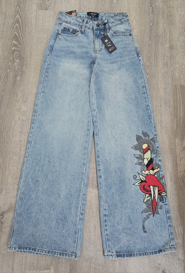 Ed Hardy Dagger Heart Retro Light Loose Fit Wide leg Jeans Sz. 24