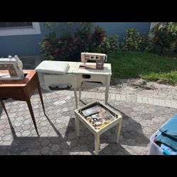Vintage Solid Wood Sewing Table With Machine And Accessories 