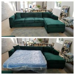 New 9x5.5ft Sectional With Sleeper Chaise Velvet EVERGREEN Fabric 