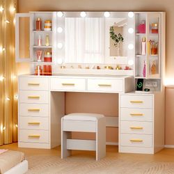 53.15" Large Glass Top Vanity Desk with Mirror and Lights, White Big Makeup Vanity Set with Stool,Power Outlet,11 Drawers,6 Shelves,3 Color Lighting M