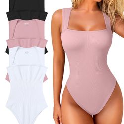 OQQ Women's 3 Piece Bodysuits Sexy Ribbed Strappy Square Neck Sleeveless Tummy Control Tank Tops Bodysuits Black Hide Pink White-Large