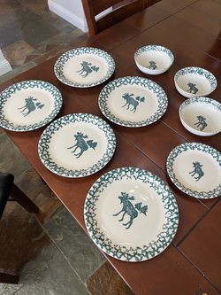 Tienshan Folk Craft Moose CountryDinner Plates Green Sponge Dinnerware Lot of 9