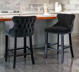 Set of 2 Black Velvet Tufted Bar Stools w/ Nailhead Trim – Counter Height