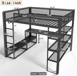 Queen Size Loft Bed with Storage Shelves, Metal Loft Bed with Clothes Hanging Rod And Desk, No Box Spring Needed Design, Black