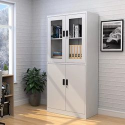 Storage Cabinet with Doors and Shelves, 71" Steel Locker Acrylic Glass Door with Lock, for School Home Office