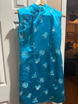 VINTAGE Teal Satin Cheongsam Qipao Mini Dress