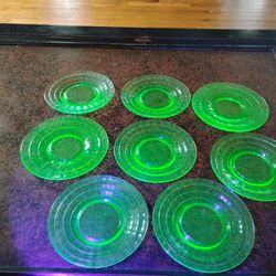 Vintage Uranium Glass Saucer Set – Glows Under UV Light! – Set of 8