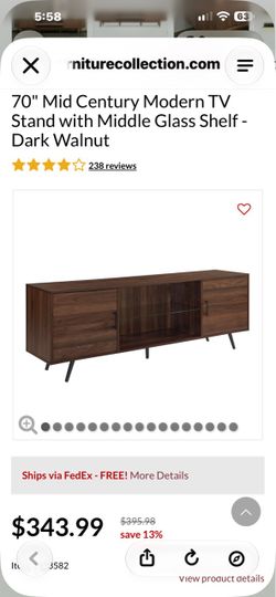 70" Mid Century Modern TV Stand with Middle Glass Shelf - Dark Walnut