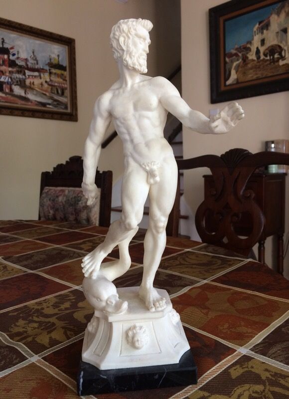 Hercules Diomedes male nude statue with marble base from Italy signed H Santini